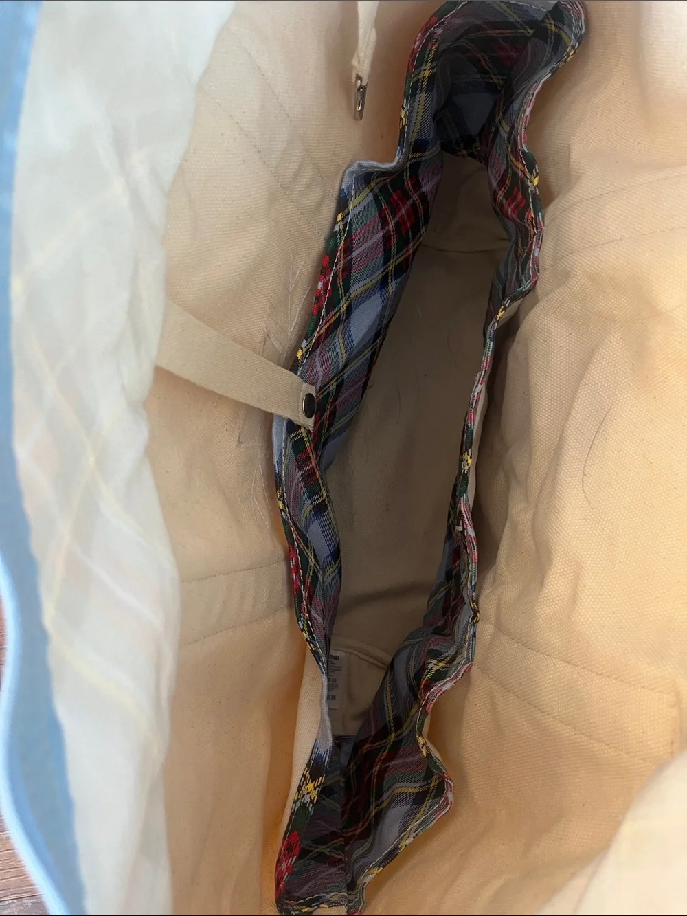 Canvas Tote Bag with Plaid Trim and star- Cream colored